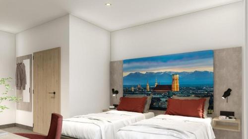 two beds in a room with a view of a city at C & N Hotel - an der Messe München in Munich