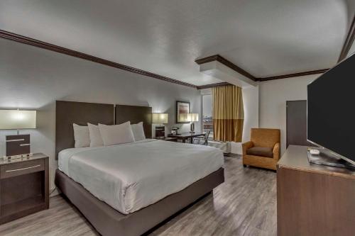 a hotel room with a bed and a flat screen tv at Park Inn by Radisson Salt Lake City -Midvale in Midvale