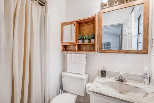ein Badezimmer mit einem WC, einem Waschbecken und einem Spiegel in der Unterkunft Near Shelby Farms & Greenline- Cordova Comfort in Memphis