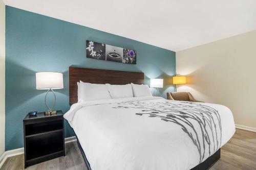 a bedroom with a large bed and a blue wall at Sleep Inn & Suites in Newport News
