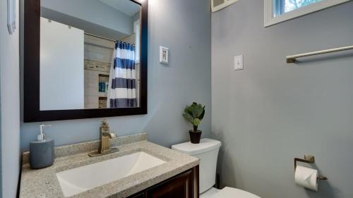 a bathroom with a sink and a toilet and a mirror at Halcyon Hangout-Mins to Downtown-Ping Pong-Pets in Savannah