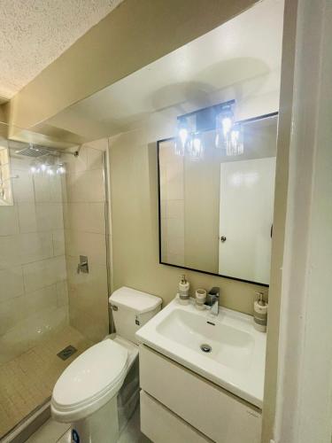 une salle de bain avec toilettes, lavabo et miroir dans l'établissement New Kingston Paradise, à Kingston