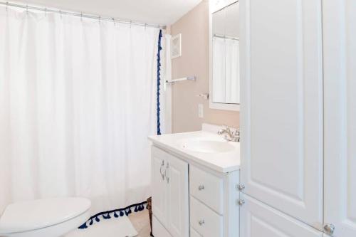 a bathroom with a sink and a toilet and a mirror at Dozing on Dog River- River Access Dock Yard in Tillmans Corner