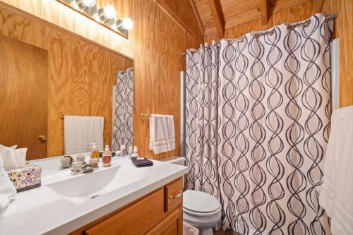 a bathroom with a sink and a shower curtain at Oak Hill Cabin in Somerset