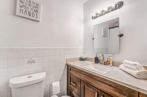 a bathroom with a sink and a toilet and a mirror at Near Dining Shopping Parks Tranquil Fox Trails in Memphis