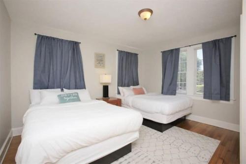 two beds in a room with blue curtains at Lovely on Lorick-USC, Jackson, Pets, Wifi in Columbia