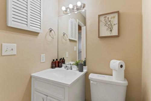 a bathroom with a sink and a toilet and a mirror at Near Parks Dining & Shopping - Glade Park Gem in Montgomery
