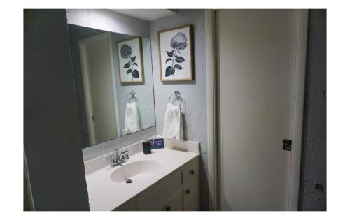 ein Bad mit einem Waschbecken und einem Spiegel in der Unterkunft Mins to River Mountain Park Dining & Shopping in Little Rock