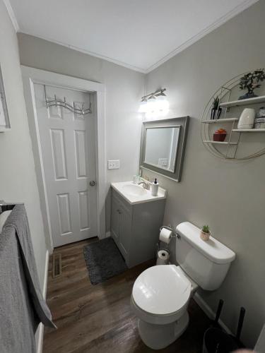 uma casa de banho com um WC, um lavatório e um espelho. em Cheerful home with amazing lake view em New Fairfield