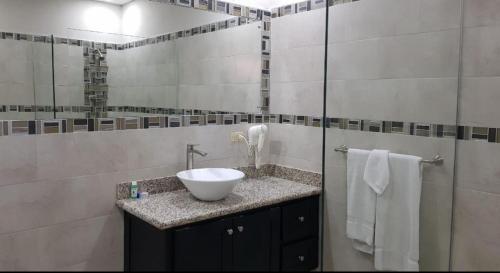 La salle de bains est pourvue d'un lavabo blanc sur un comptoir. dans l'établissement Di Villa, à Port Antonio