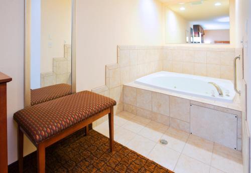 La salle de bains est pourvue d'une baignoire, d'un banc et d'une chaise. dans l'établissement Holiday Inn Express Hotel & Suites Mount Airy, an IHG Hotel, à Mount Airy