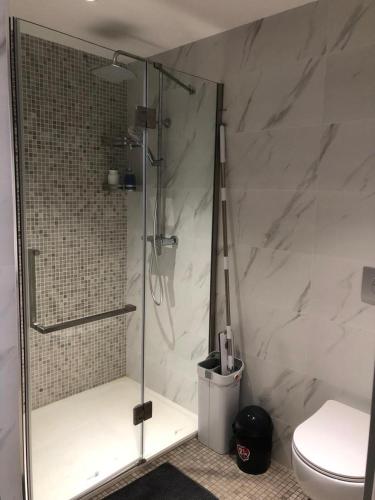 a bathroom with a shower and a toilet at Appartement d'architecte en extra centre de Saint Denis in Saint-Denis