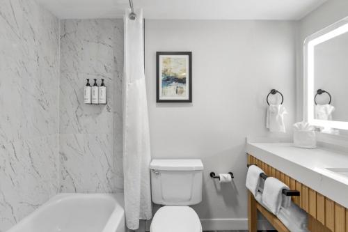 bagno bianco con servizi igienici e lavandino di Crowne Plaza Hotel Virginia Beach-Norfolk, an IHG Hotel a Virginia Beach
