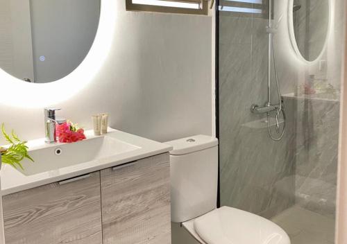 a bathroom with a toilet and a sink and a shower at Mareta Lodge - Studio AHURU 10 in Bora Bora