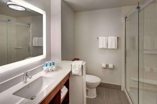 a bathroom with a sink and a toilet and a mirror at Holiday Inn Express & Suites Terrace by IHG in Terrace