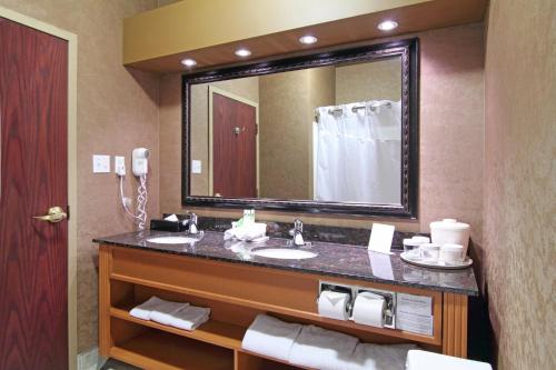 a bathroom with two sinks and a large mirror at Holiday Inn Express Calgary South, an IHG Hotel in Calgary