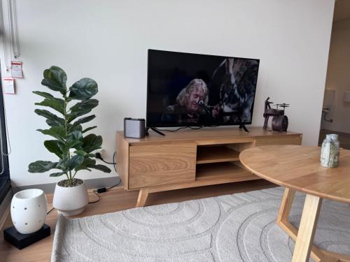 ein Wohnzimmer mit einem Flachbild-TV auf einem hölzernen Entertainment-Center in der Unterkunft Gold location Melbourne CBD in Melbourne