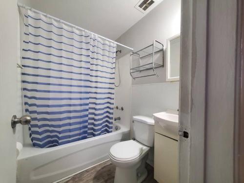 a bathroom with a toilet and a blue shower curtain at Central Private 1BR Apt. w/Free Prkg + Fast Wi-Fi in Sault Ste. Marie