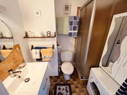 une petite salle de bain avec toilettes et douche dans l'établissement Cap d'Agde: Apt proche plage et port, parking privé - FR-1-723-151, au Cap d'Agde