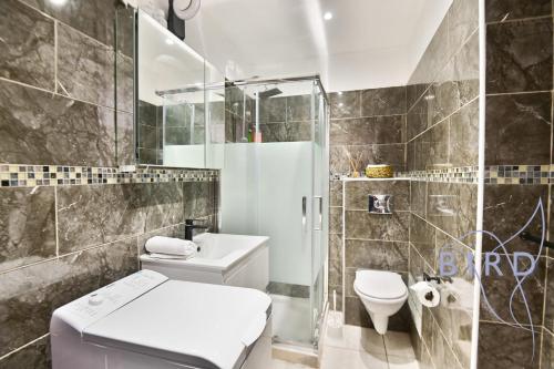 ein Bad mit einem WC und einer Glasdusche in der Unterkunft Bright apartment in the Heart of Nice in Nizza