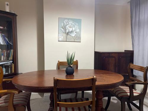 a dining room table with a potted plant on it at Stay with Light in Ipswich