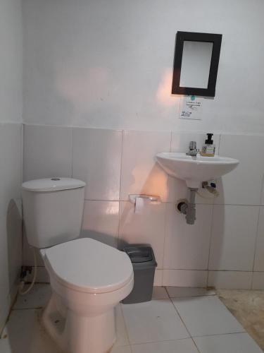 y baño con aseo y lavamanos. en Hostal El Nido del Azulejo, en Barú