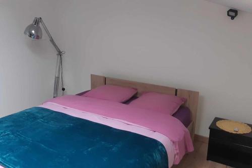 1 dormitorio con 1 cama con sábanas rosas y azules en Gite 4 personnes Proche d'Arras en Warlus