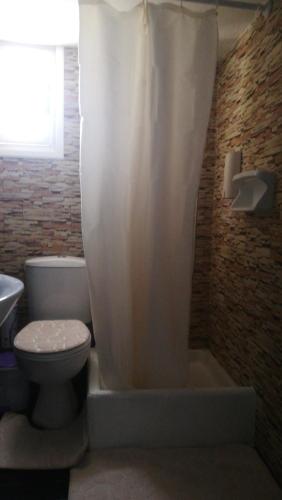 a bathroom with a toilet and a shower curtain at The Best in Perissa