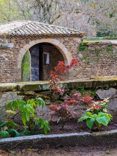 a garden with a stone wall and some plants at Château de Villars in La Chapelle-Villars