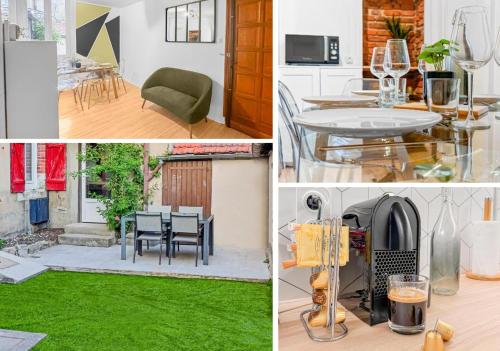 un collage de photos d'une cuisine et d'une maison dans l'établissement Le Victor Hugo & son jardin, à Montluçon