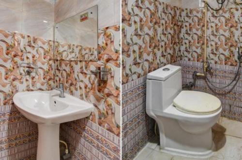 - deux photos d'une salle de bains avec toilettes et lavabo dans l'établissement Goroomgo Hotel Blue Royal Swimming Pool Hotel Near DN Regalia Mall, à Bhubaneswar