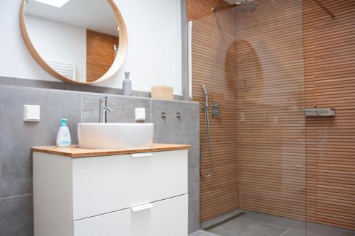 a bathroom with a sink and a shower with a mirror at Seebrise Apartments in Grömitz