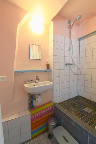 une salle de bain avec un lavabo, une douche et des toilettes dans l'établissement Casa Julia, maison familiale, à Forcalquier