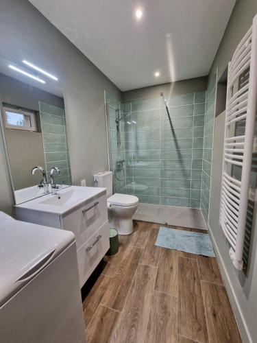 une salle de bain avec toilettes, lavabo et douche dans l'établissement Maison normande à la campagne, à Saint-Désir