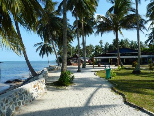 a sidewalk with palm trees on the beach at LooLa Adventure Resort in Telukbakau