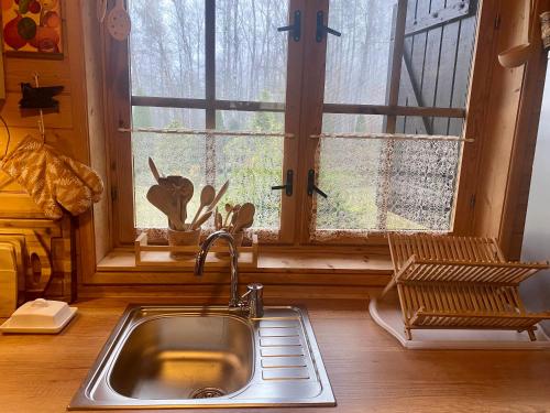 eine Küche mit einem Waschbecken und einem Fenster in der Unterkunft Sznureczki in Przewóz