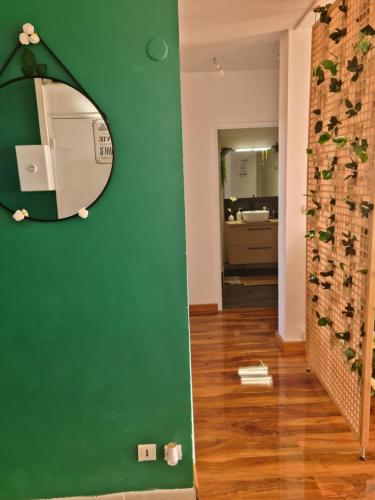 um quarto com uma parede verde e um espelho em Grand et bel appartement de 2 chambres chez Cyn em Salon-de-Provence