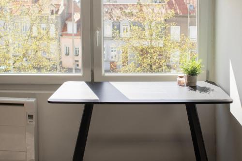 a table in front of a window with a plant on it at ++++ CENTRAL DUPLEX RENOVE 5 PIECES 150M2 A 8 MN DE LA PLACE DALTON ++++ in Boulogne-sur-Mer