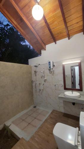 a bathroom with a sink and a toilet and a mirror at The Dream Inn Guesthouse Passikudah in Batticaloa