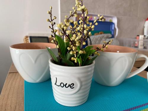 eine Vase voller Blumen auf einem Tisch mit zwei Tassen in der Unterkunft Love birds place in Skopje