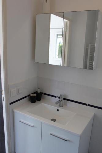 ein Badezimmer mit einem weißen Waschbecken und einem Spiegel in der Unterkunft Studio 20m² au calme à Idron (5min de Pau) in Idron