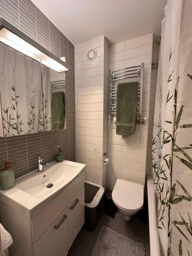 a white bathroom with a sink and a toilet at Eurovision apartment in central Malmö in Malmö