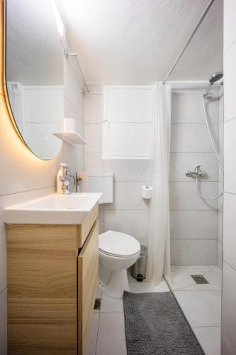 a bathroom with a toilet and a sink and a shower at Acropolis Delux 1st FLR Aprt up 4 guests by LODGESPOT in Athens