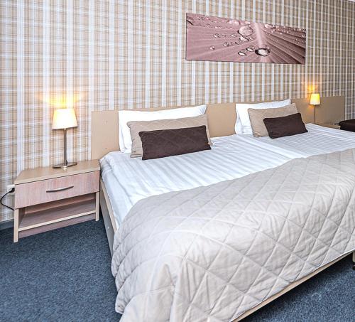 a hotel room with two beds and a night stand at Nykščio Namai & SPA in Anykščiai