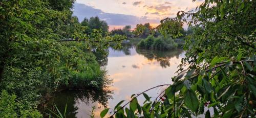 a view of a river at sunset with trees at Forteca, pokoje gościnne nad stawem in Dzierżoniów