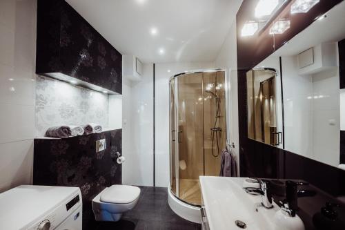 ein Badezimmer mit Dusche, Waschbecken und Toilette in der Unterkunft 1 Maja 76 in Jelenia Góra