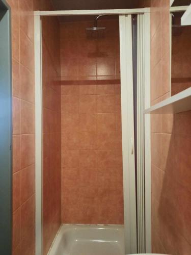 a shower with a glass door in a bathroom at Penzion Avena in Stříbro