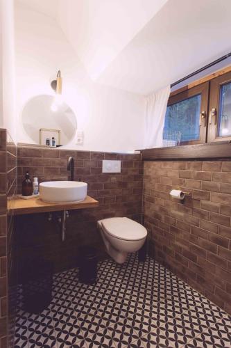 a bathroom with a sink and a toilet at EDELFUCHS-LODGE in Bühlertal