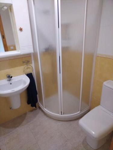 La salle de bains est pourvue d'une douche, de toilettes et d'un lavabo. dans l'établissement Casa adosada en Daimus solo para familias, à Daimús