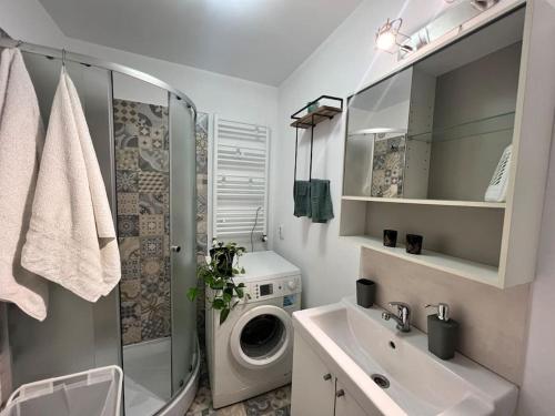 a bathroom with a sink and a washing machine at Groundfloor Rahmaninov in Bucharest